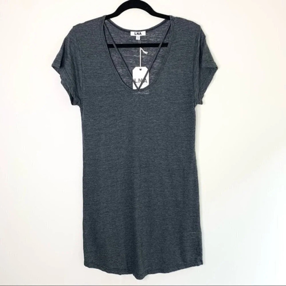 Revolve LNA T-shirt Dress Strappy Tee Cut out Short Sleeve Granite Gray Small - Picture 3 of 13